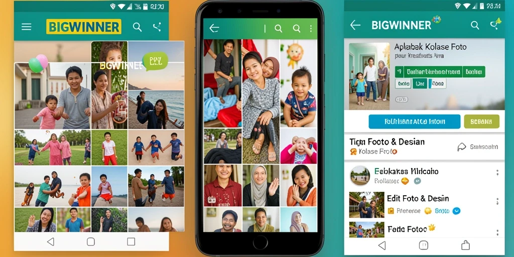 Screenshot utama aplikasi BIGWINNER dengan tampilan kolase foto yang menarik.