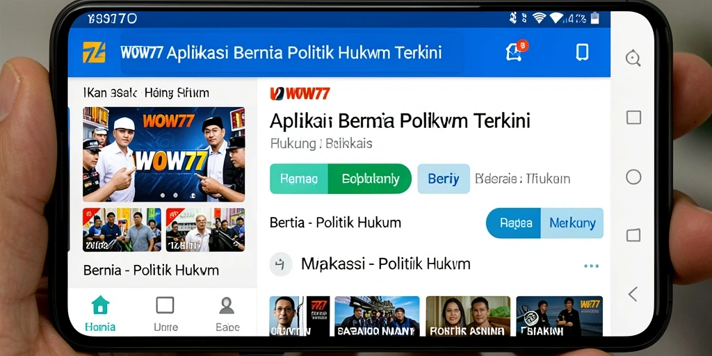 Antarmuka aplikasi WOW77 dengan fitur berita Politik Hukum.
